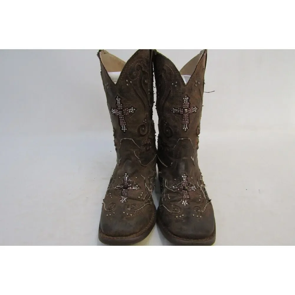 Roper Brand Youth Size 11 M Brown Inlay Cross Studded Cowboy Boots